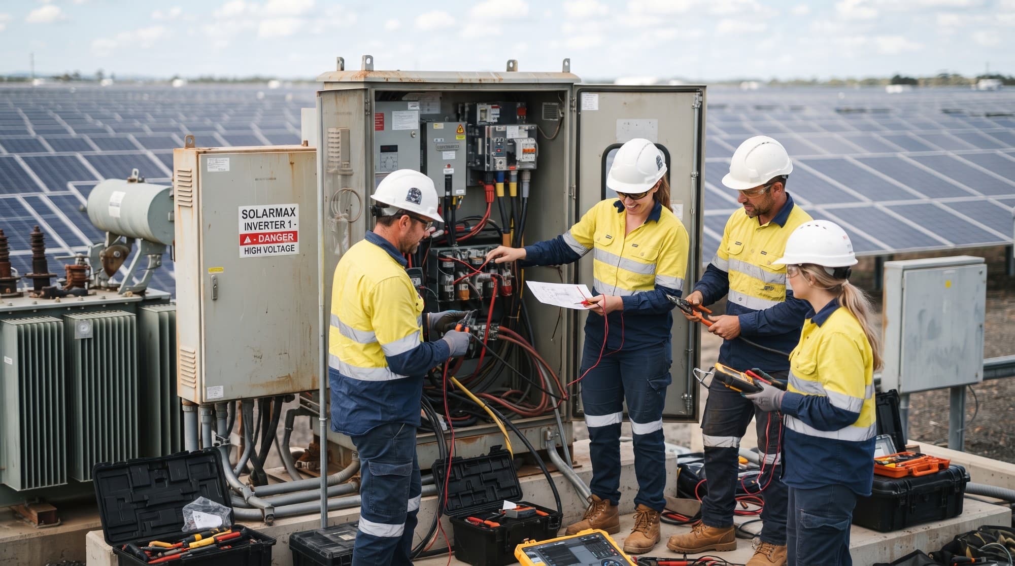 Field service engineers commissioning and testing a solar inverter on site